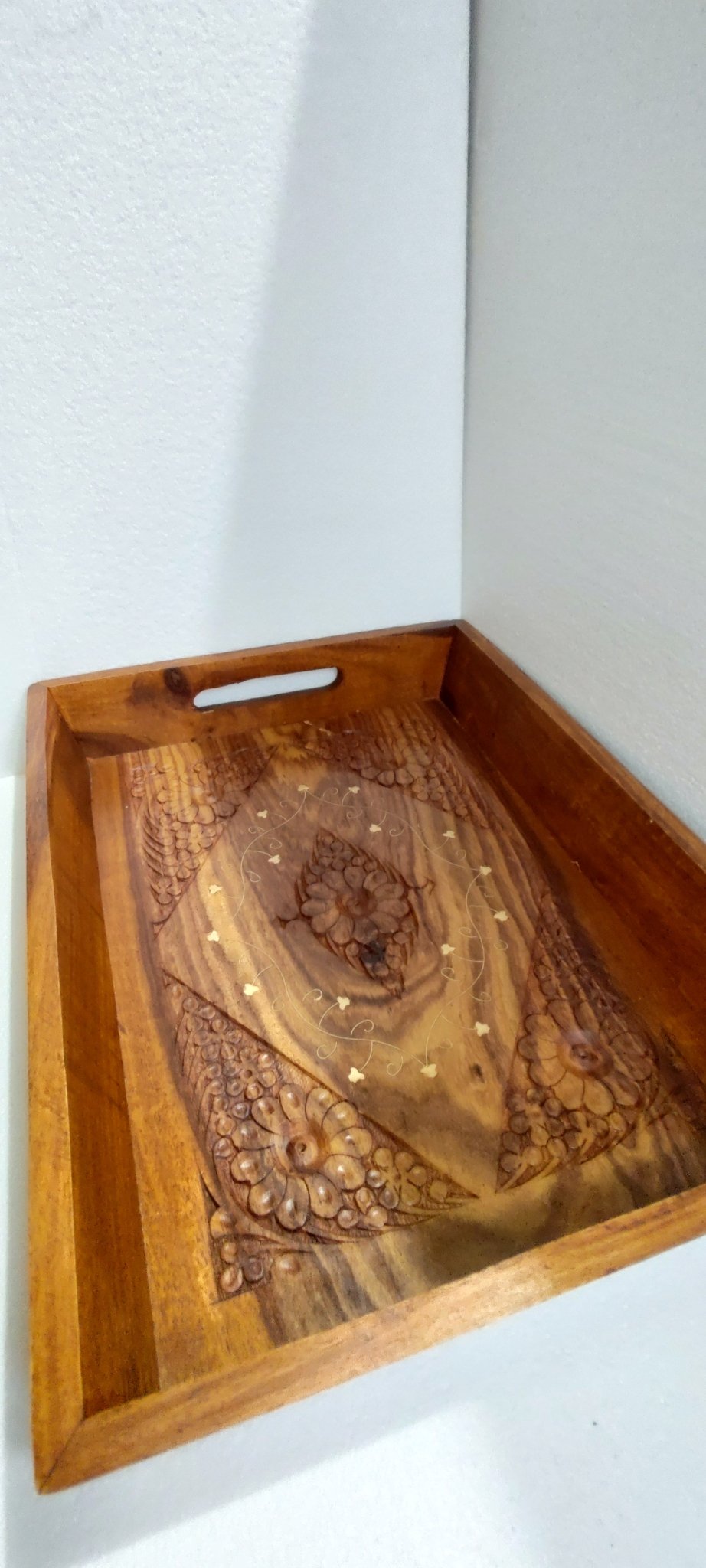 Hand crafted 3 set sasswood trays with carving and bras work
