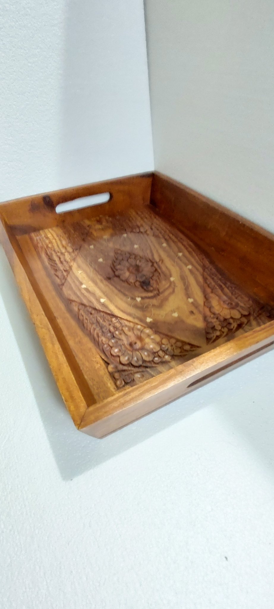 Hand crafted 3 set sasswood trays with carving and bras work