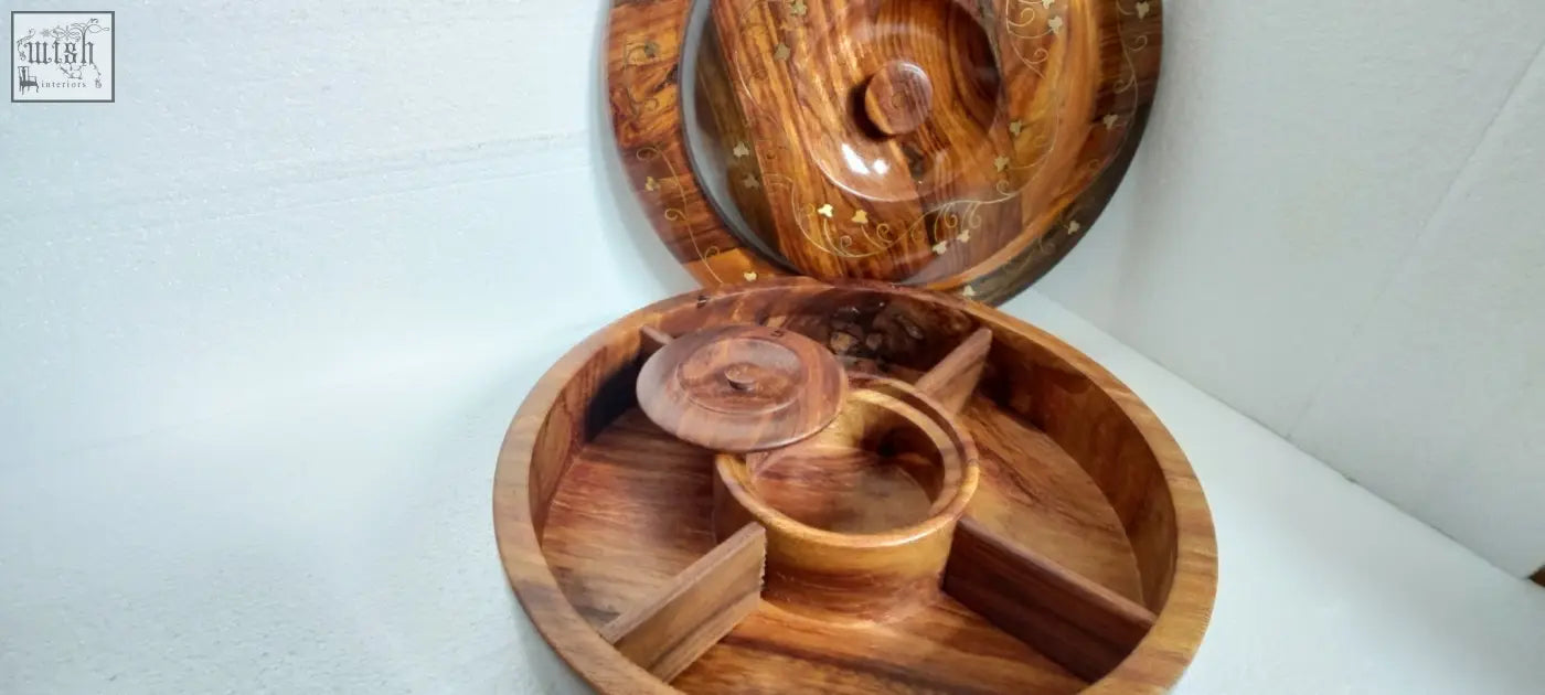Hand crafted sasswood fruit serving tray with warm brown finish and intricate gold inlay perfect for dry fruit serving