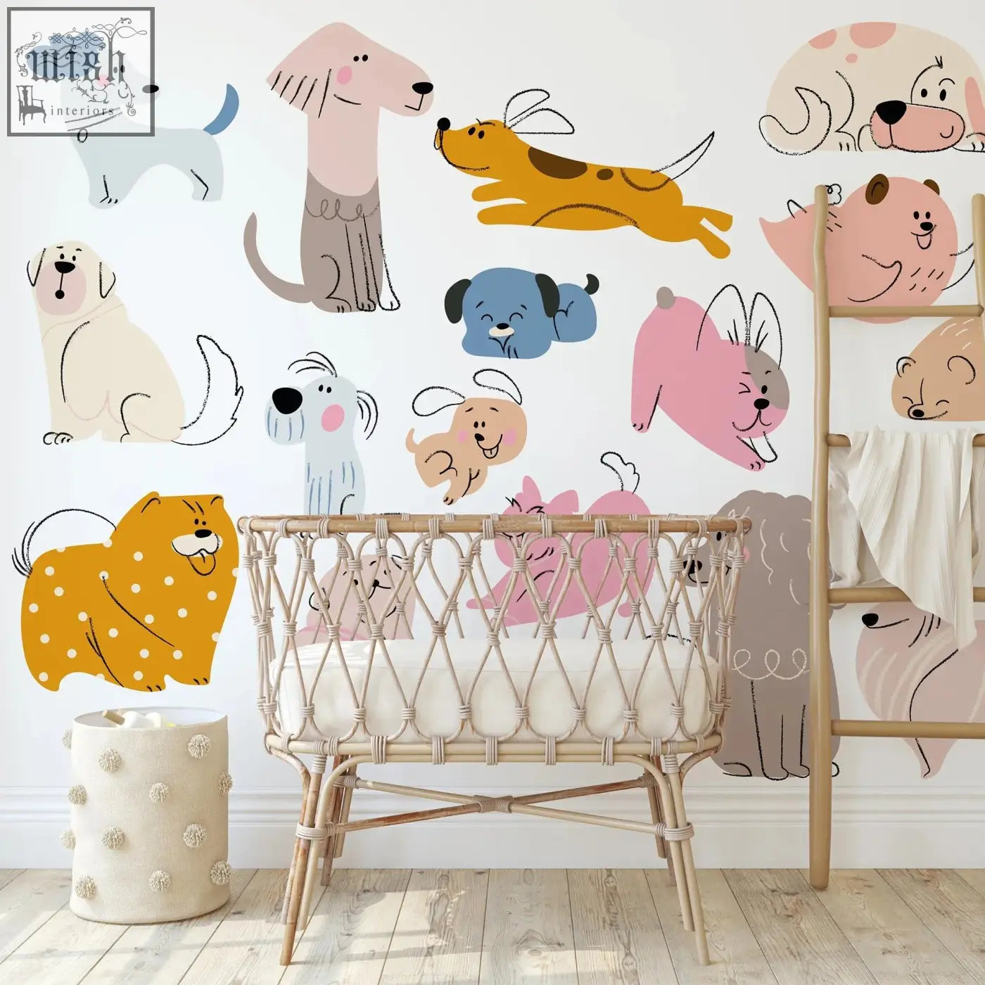 Woven rattan baby crib with cream mattress and natural wood legs perfect for dogs nursery wall decals and kids room decor