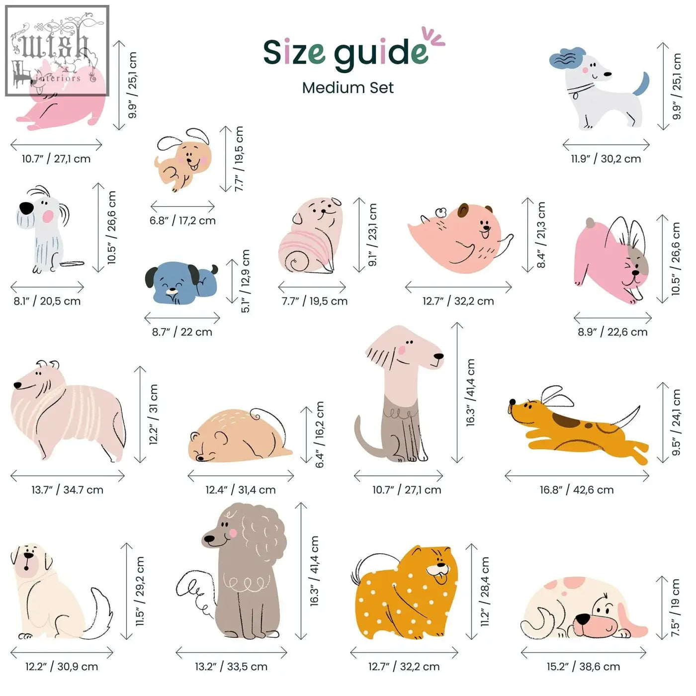 A charming set of hand drawn dogs nursery wall decals in various colors and poses with size labels for kids bedroom art