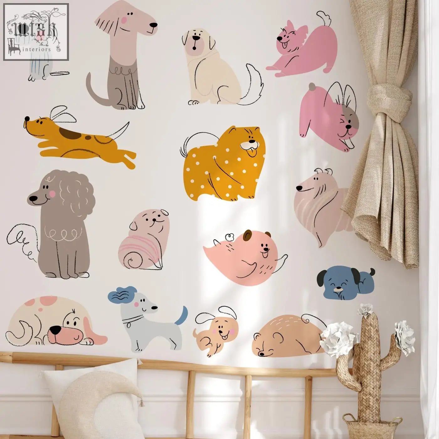 A collection of colorful hand drawn dogs nursery wall decals in pastel and earthy tones for kids bedroom art
