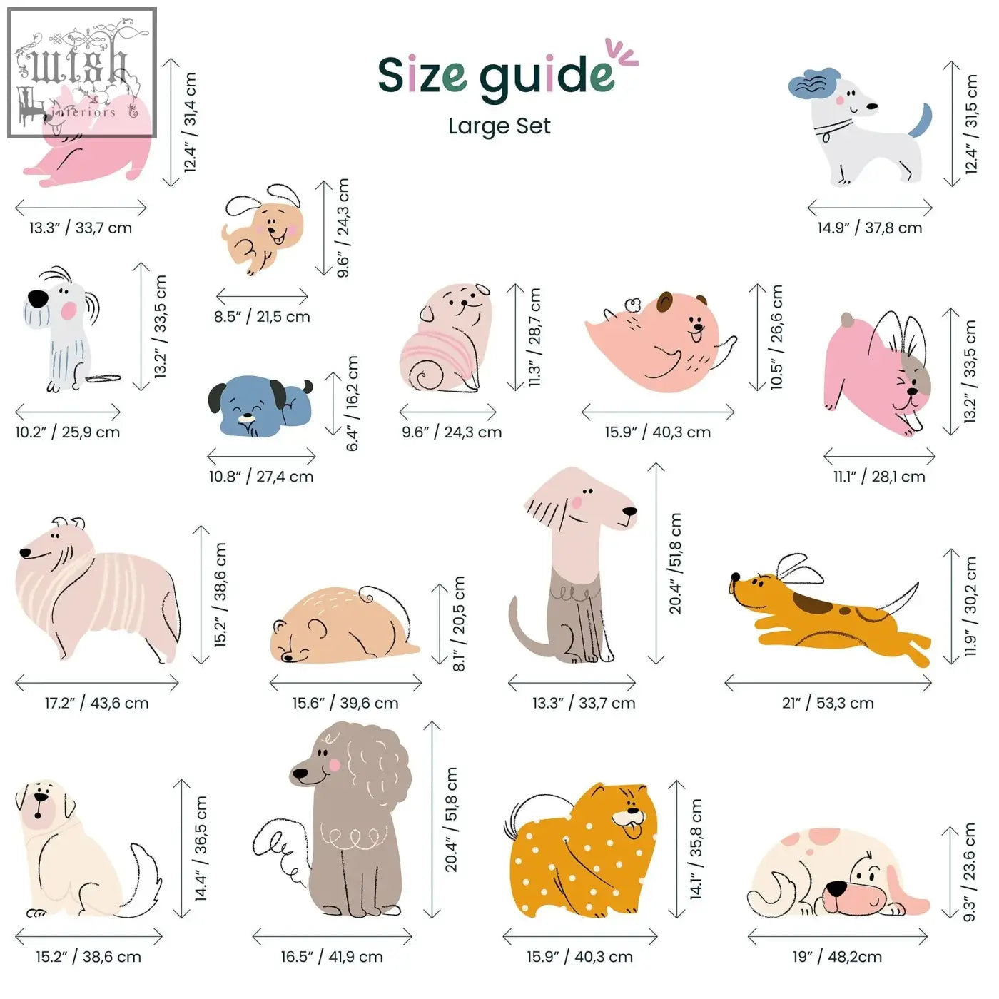 A charming collection of colorful hand drawn dogs nursery wall decals with unique designs for kids bedroom art