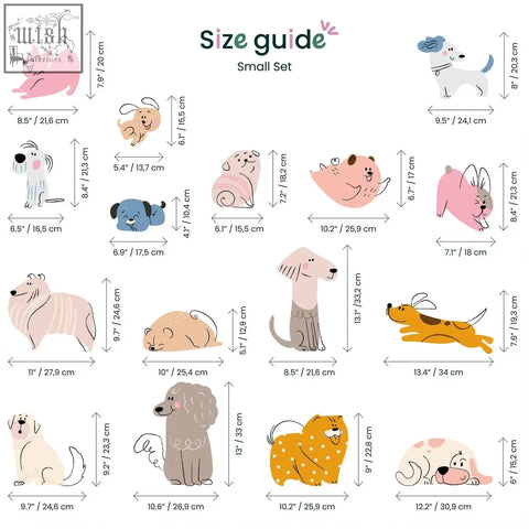 Colorful illustrated size guide of hand drawn dogs nursery wall decals showing cartoon puppies with labeled dimensions