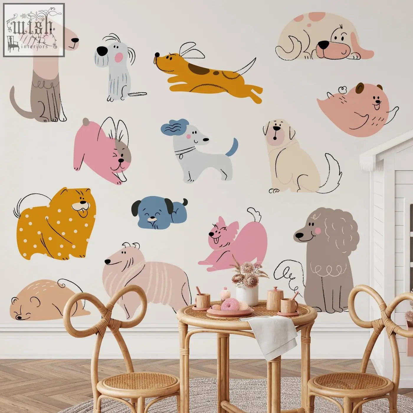 A collection of colorful hand drawn dogs nursery wall decals in playful poses perfect for nursery wall decor