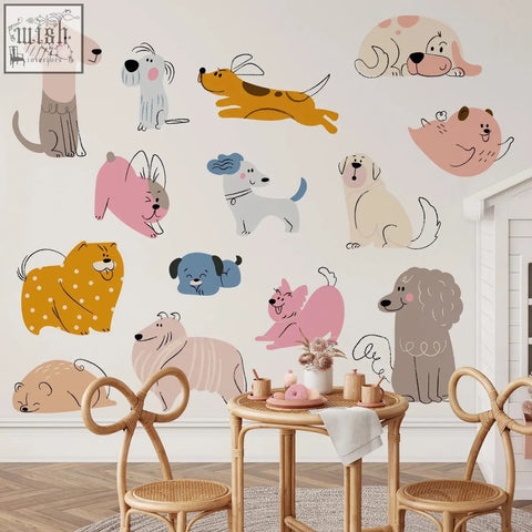 A collection of colorful hand drawn dogs nursery wall decals in playful poses perfect for nursery wall decor