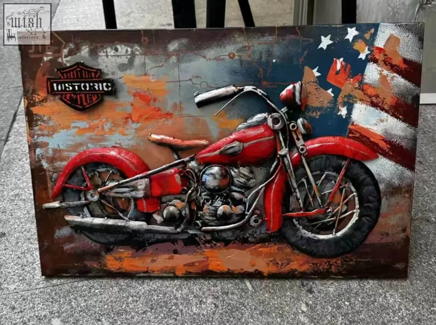 Handcrafted 3d metal wall art featuring a red metallic harley-davidson motorcycle with distressed paint and american flag backdrop