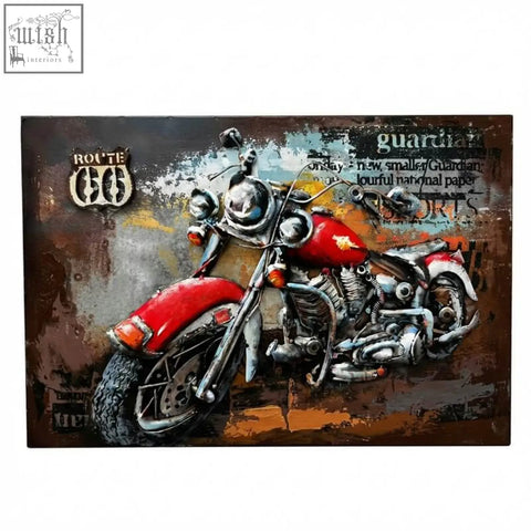 Handcrafted 3d metal wall art featuring red and chrome motorcycle design on distressed metal wall panel