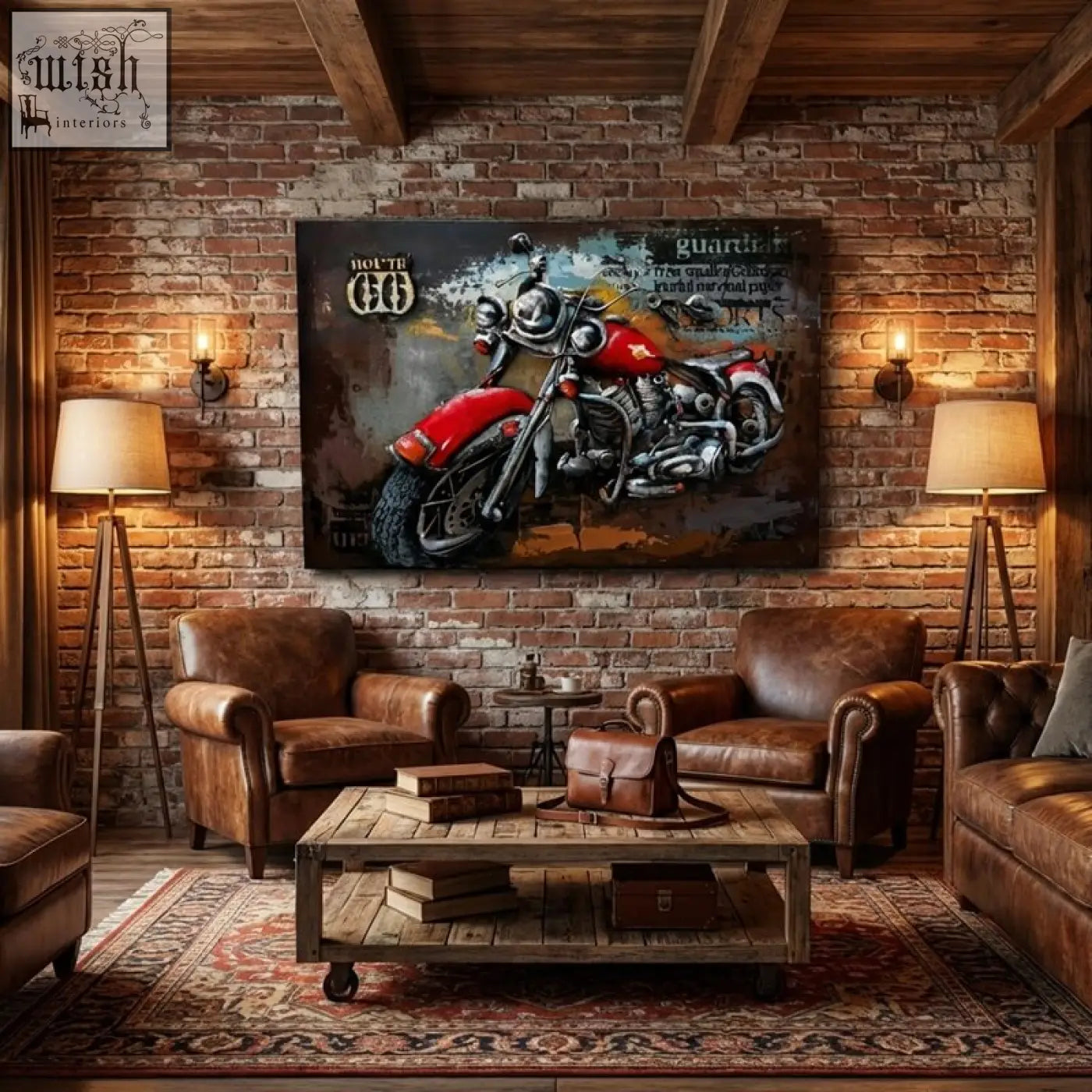 Handcrafted 3d red and chrome motorcycle metal wall art hanging on a brick wall for stylish metal wall decor