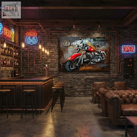 Handcrafted red and chrome motorcycle metal wall art with vintage distressed design hanging on brick wall