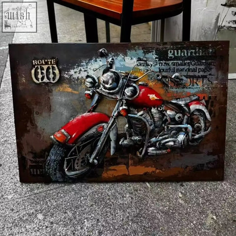 Handcrafted 3d metal wall art featuring a rustic red and chrome motorcycle with distressed vintage text on a metal wall