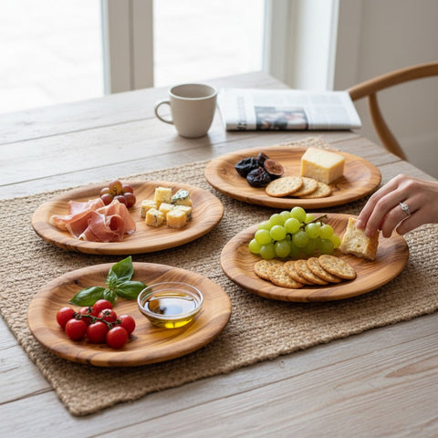 Handcrafted olive wood round plates set of four with natural wood grain finish perfect for tapas and appetizers