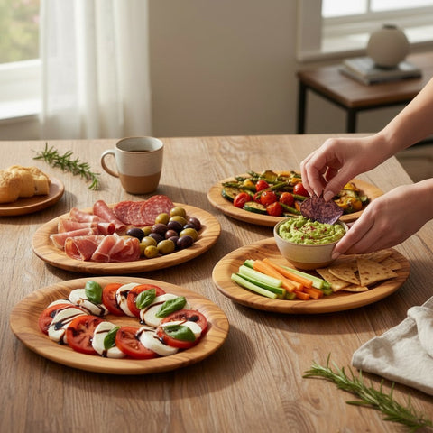 Handcrafted olive wood round plates with natural finish holding fresh tapas ready to ship in working days