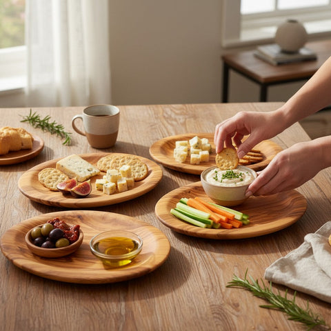 Set of four handcrafted olive wood round plates with natural grain holding cheese crackers veggies and dips for appetizers