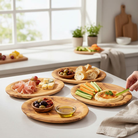 Handcrafted round olive wood plates with natural grain and warm tones holding appetizers in a 4pc set