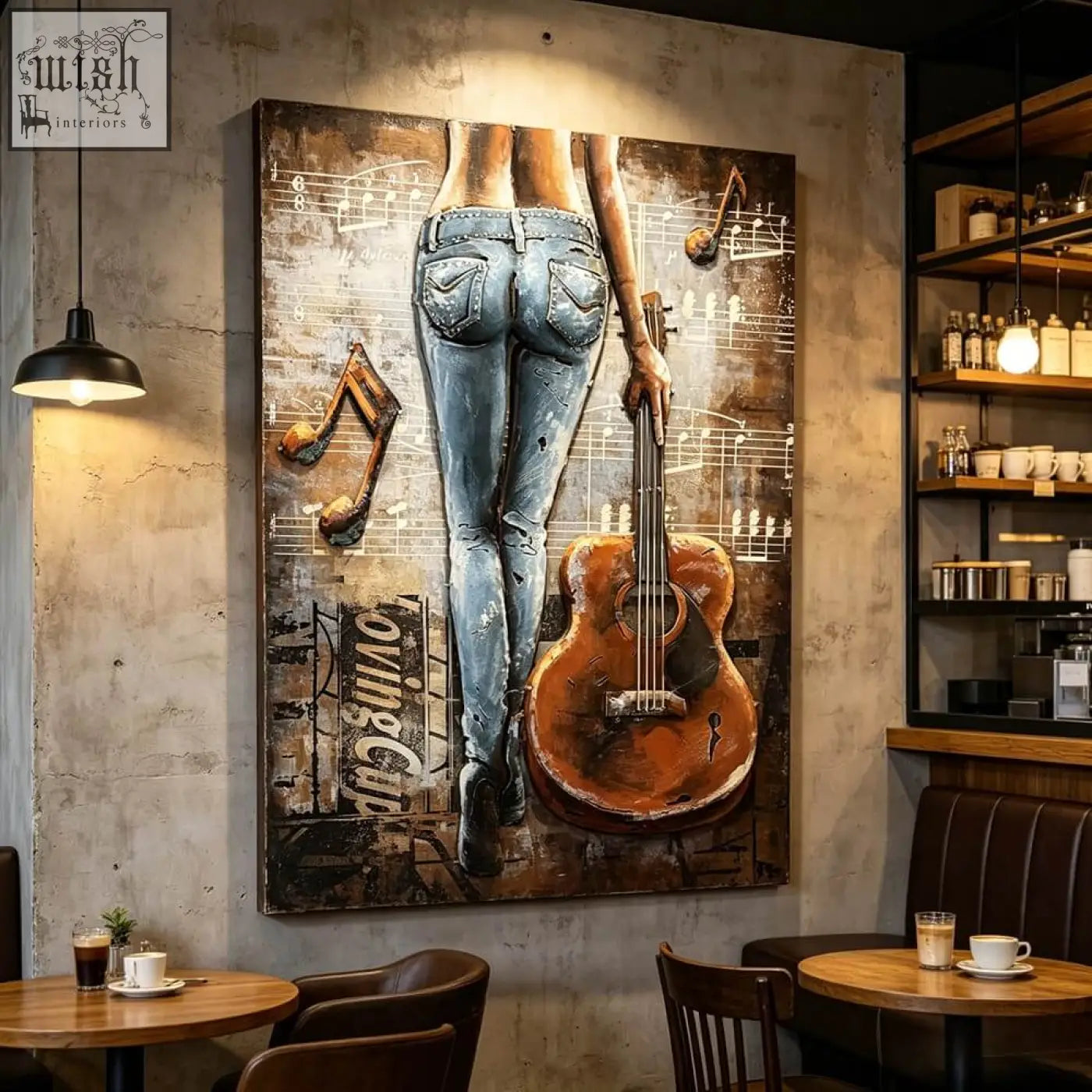 Rustic 3d metal wall art of woman back view in blue jeans holding orange guitar with musical notes background