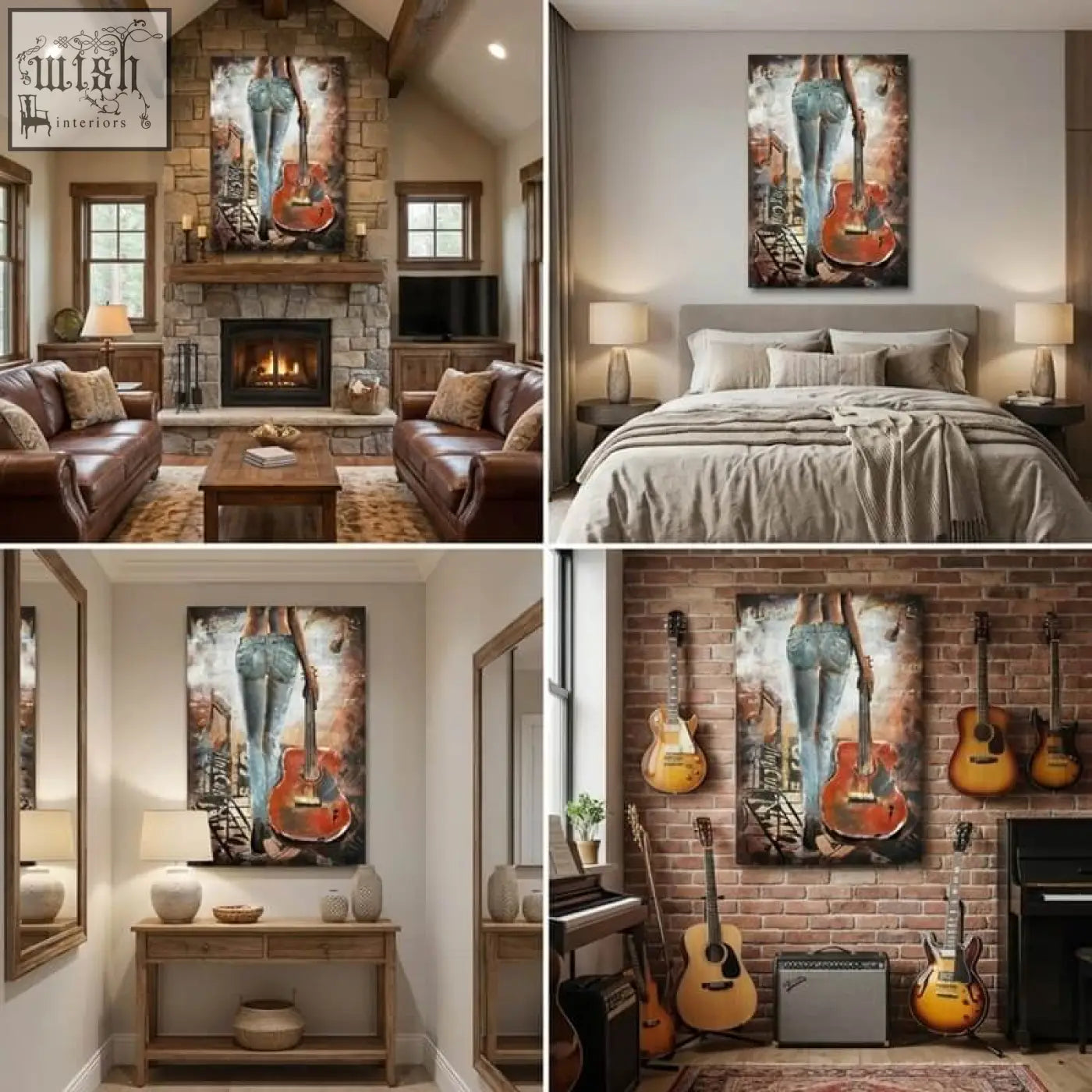 Handcrafted woman with guitar back view 3d metal wall art featuring vibrant colors and an orange acoustic guitar in blue jeans