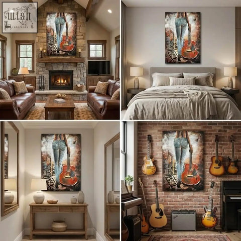 Handcrafted woman with guitar back view 3d metal wall art featuring vibrant colors and an orange acoustic guitar in blue jeans