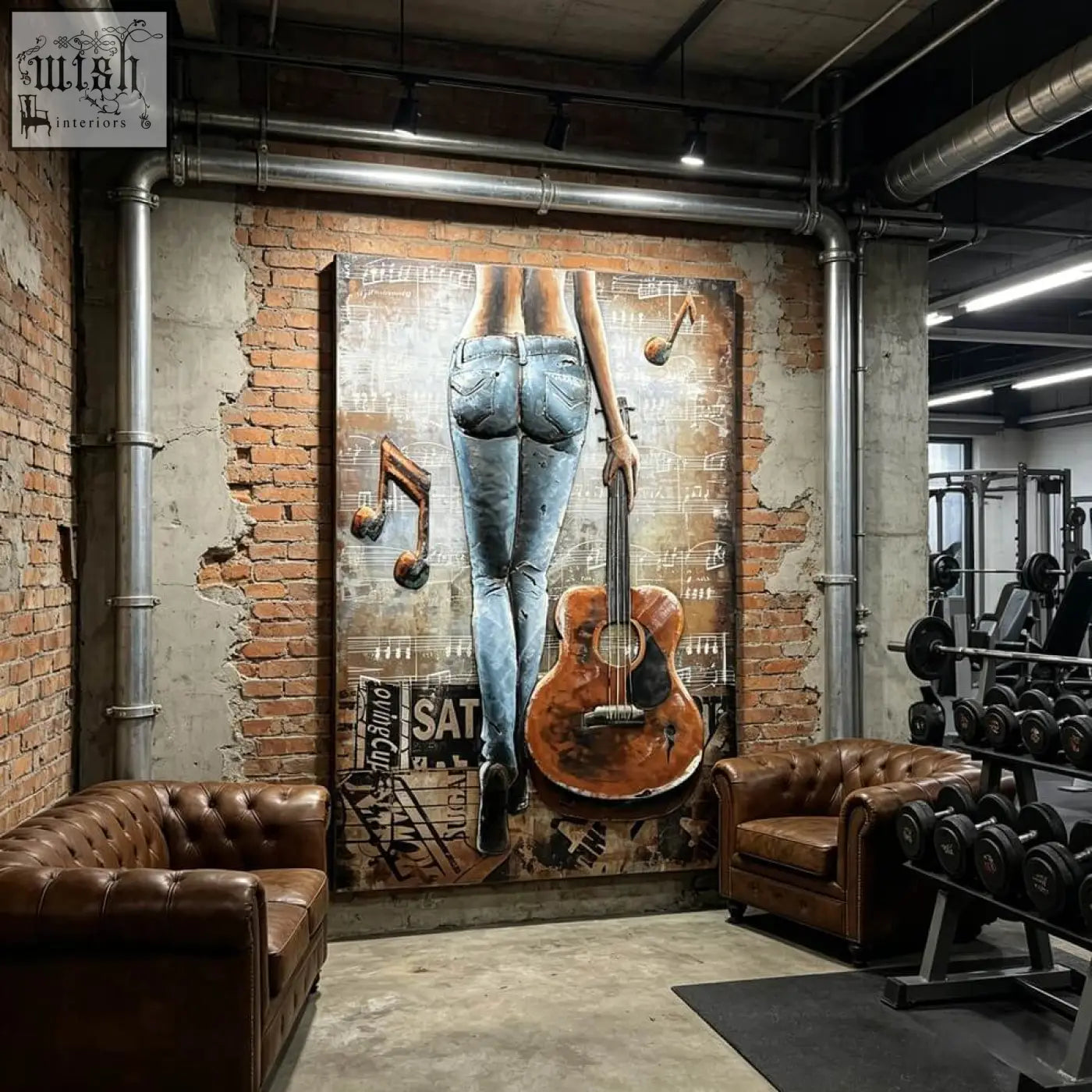 Back view of handcrafted woman with guitar metal wall art in blue jeans with acoustic guitar and vintage music notes design