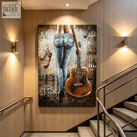 Rustic handcrafted woman with guitar back view metal wall art featuring distressed jeans and vintage music notes design