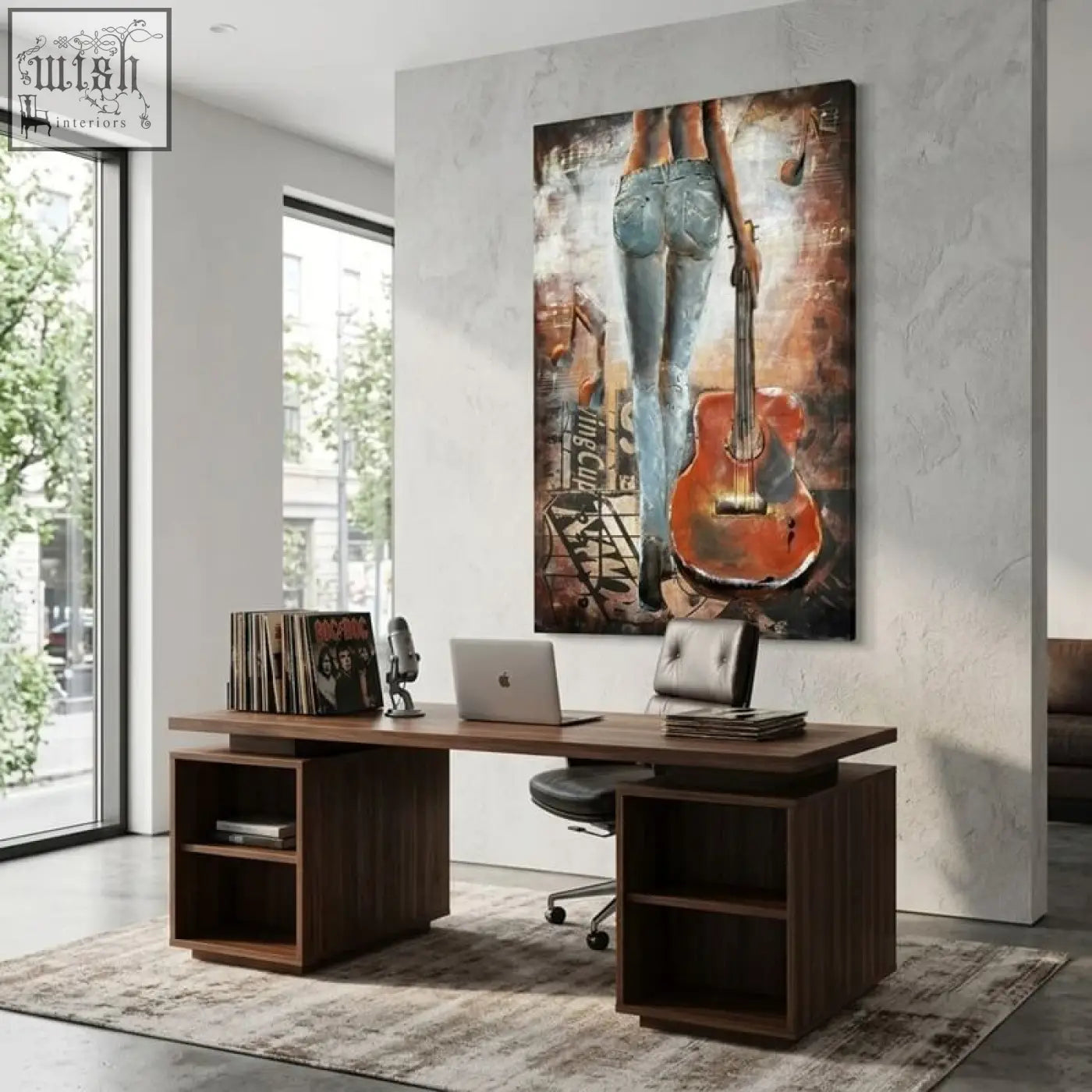Handcrafted woman with guitar back view metal wall art featuring blue jeans and orange acoustic guitar on textured wall art