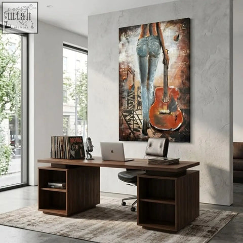 Handcrafted woman with guitar back view metal wall art featuring blue jeans and orange acoustic guitar on textured wall art