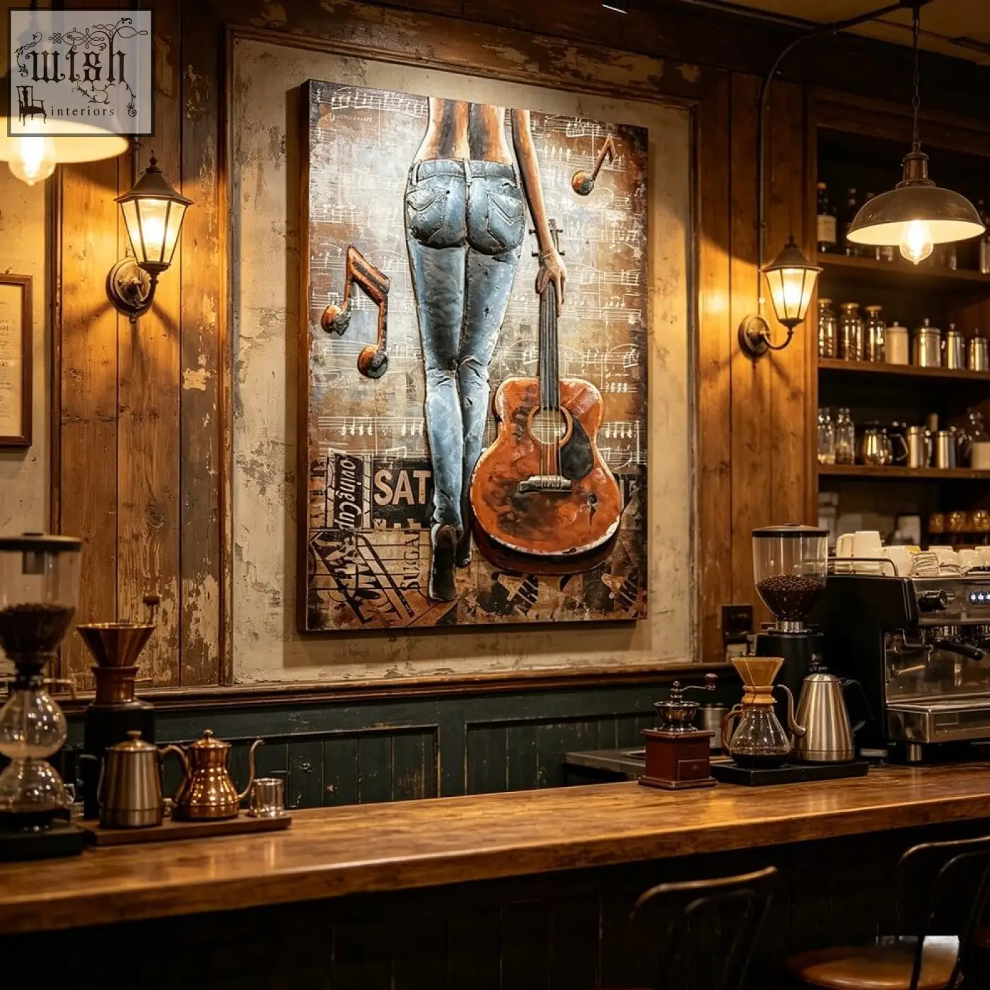 Rustic distressed 3d metal wall art of a woman in blue jeans holding orange guitar back view for living room decor