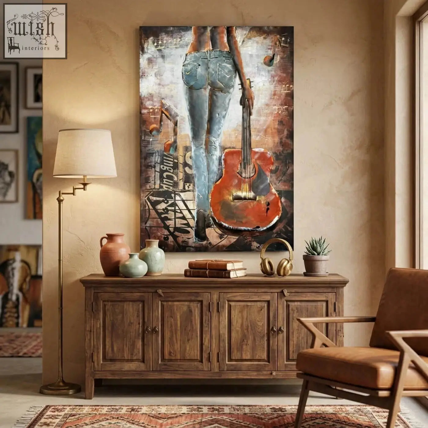 Back view of handcrafted woman with guitar 3d metal wall art featuring blue jeans and orange guitar for living room wall decor