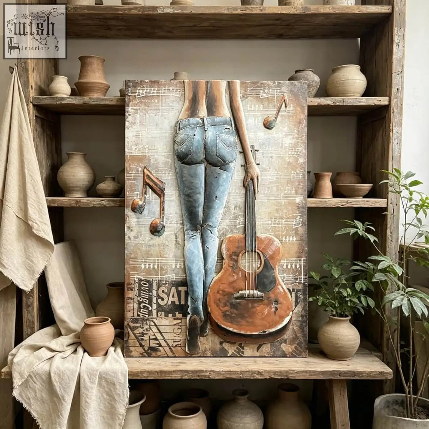 Rustic handcrafted woman with guitar back view 3d metal wall art in blue jeans for living room wall decor