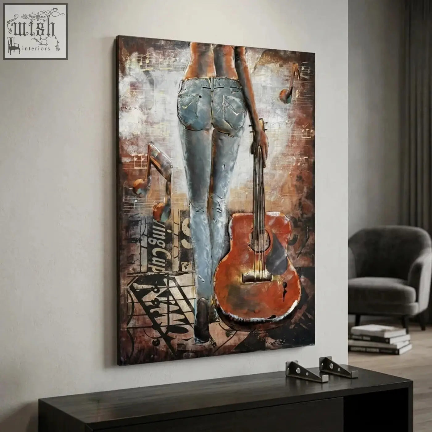 Handcrafted woman with guitar back view 3d metal wall art showing a figure in denim jeans holding an orange guitar on a musical wall art background