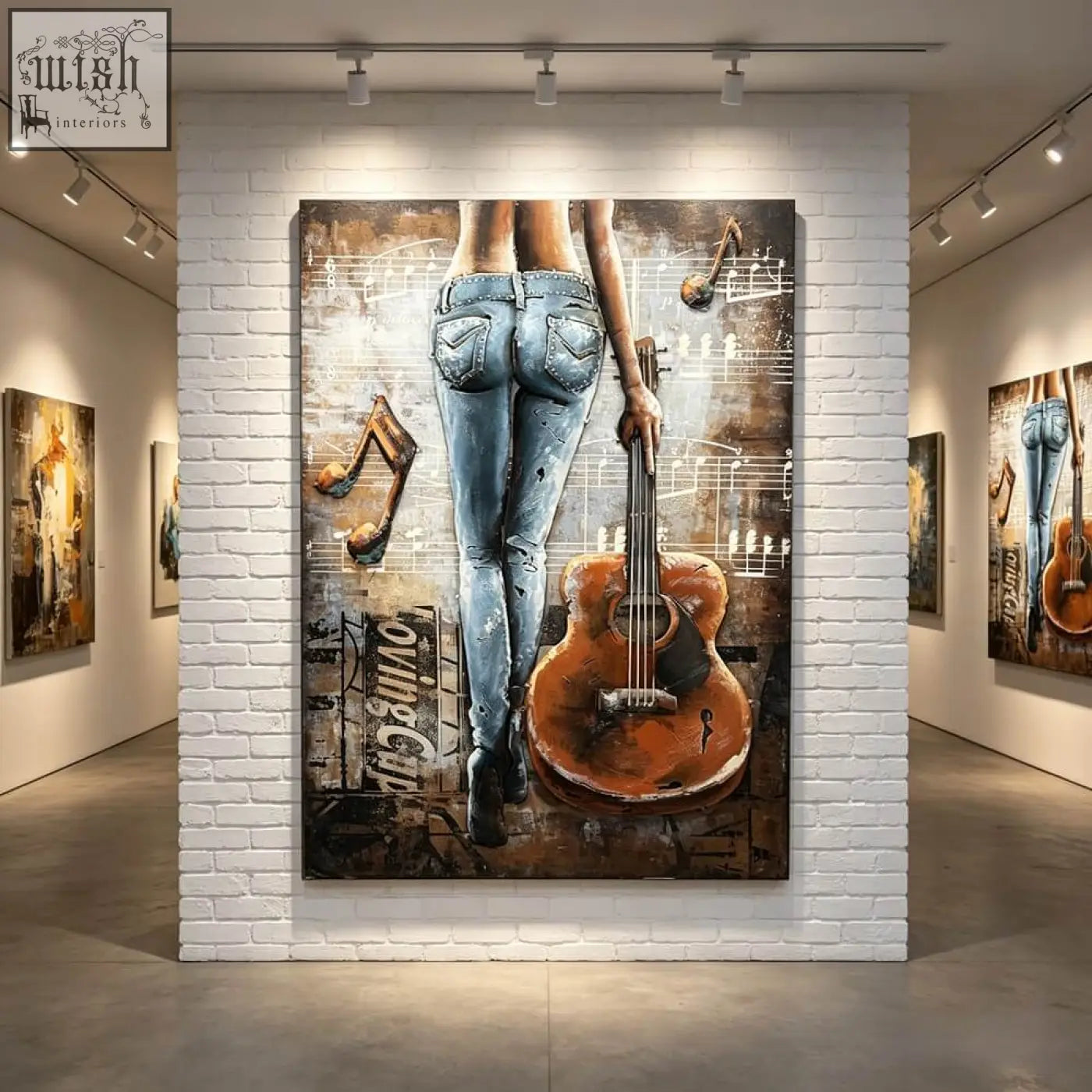 Vibrant handcrafted metal wall art showing the back of a woman in blue jeans holding an orange guitar for living room decor