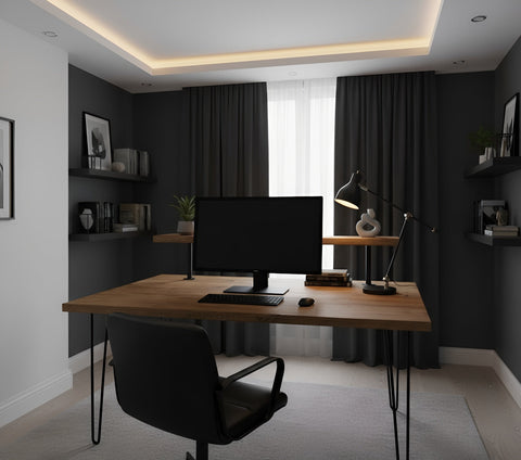 Black office chair with sleek metal legs and upholstered seat paired with handcrafted wooden study desk with 75cm shelf height