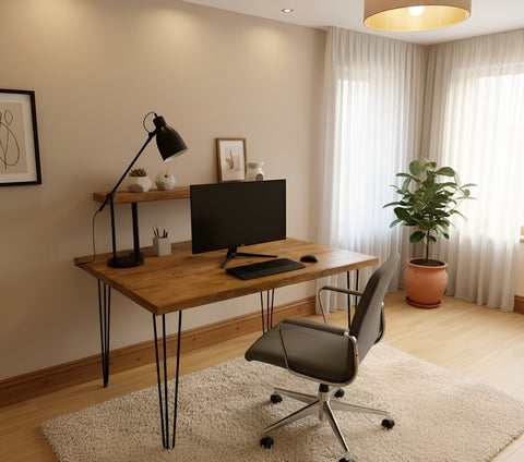 Handcrafted wooden study desk with 75cm shelf height and black metal hairpin legs for a sleek minimalist table height design