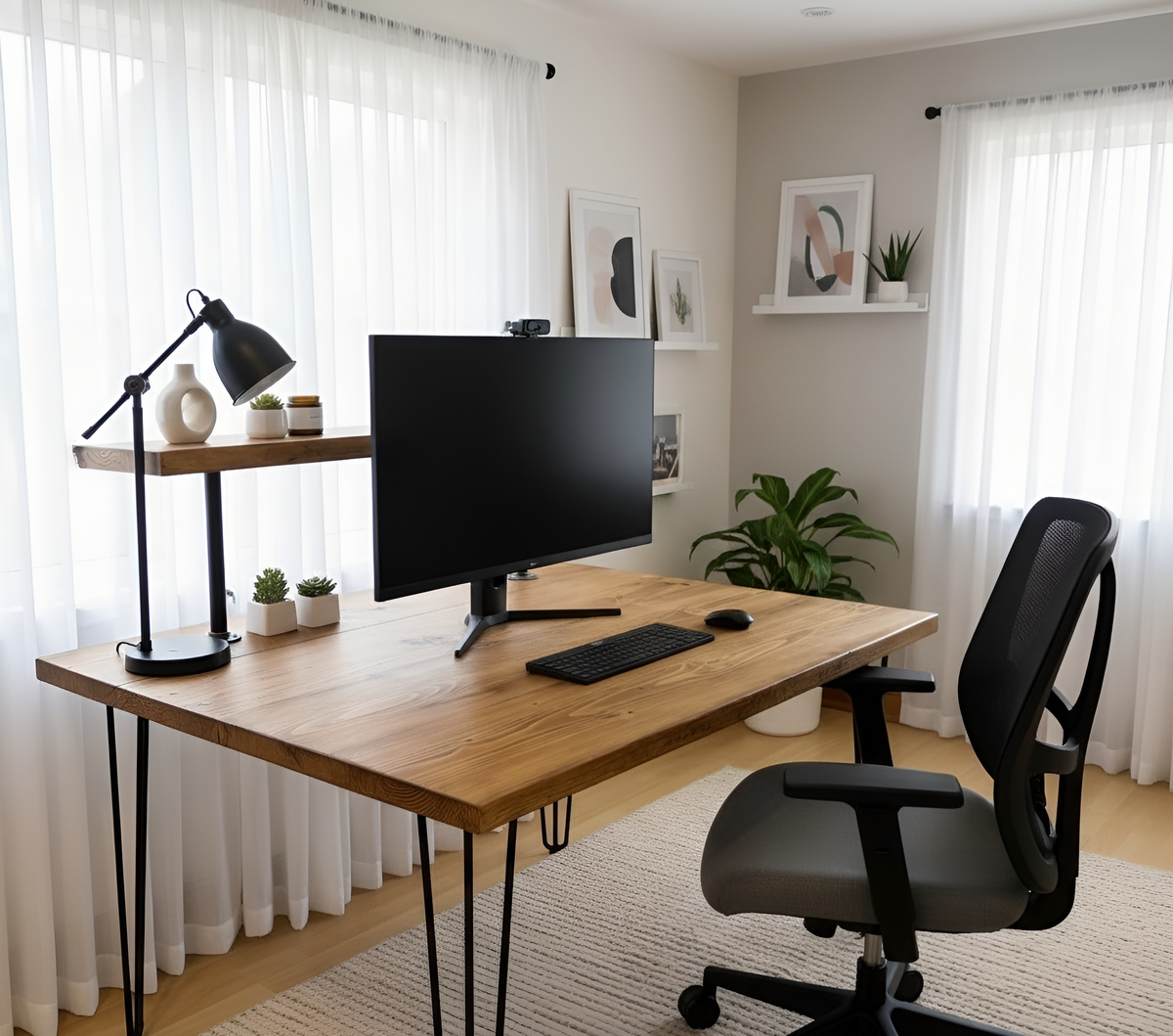 Modern black office chair with mesh back and gray seat next to handcrafted wooden study desk with 75cm shelf height