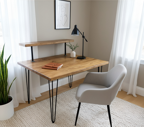 Handcrafted wooden study desk with black metal hairpin legs and 75cm shelf height for perfect table height