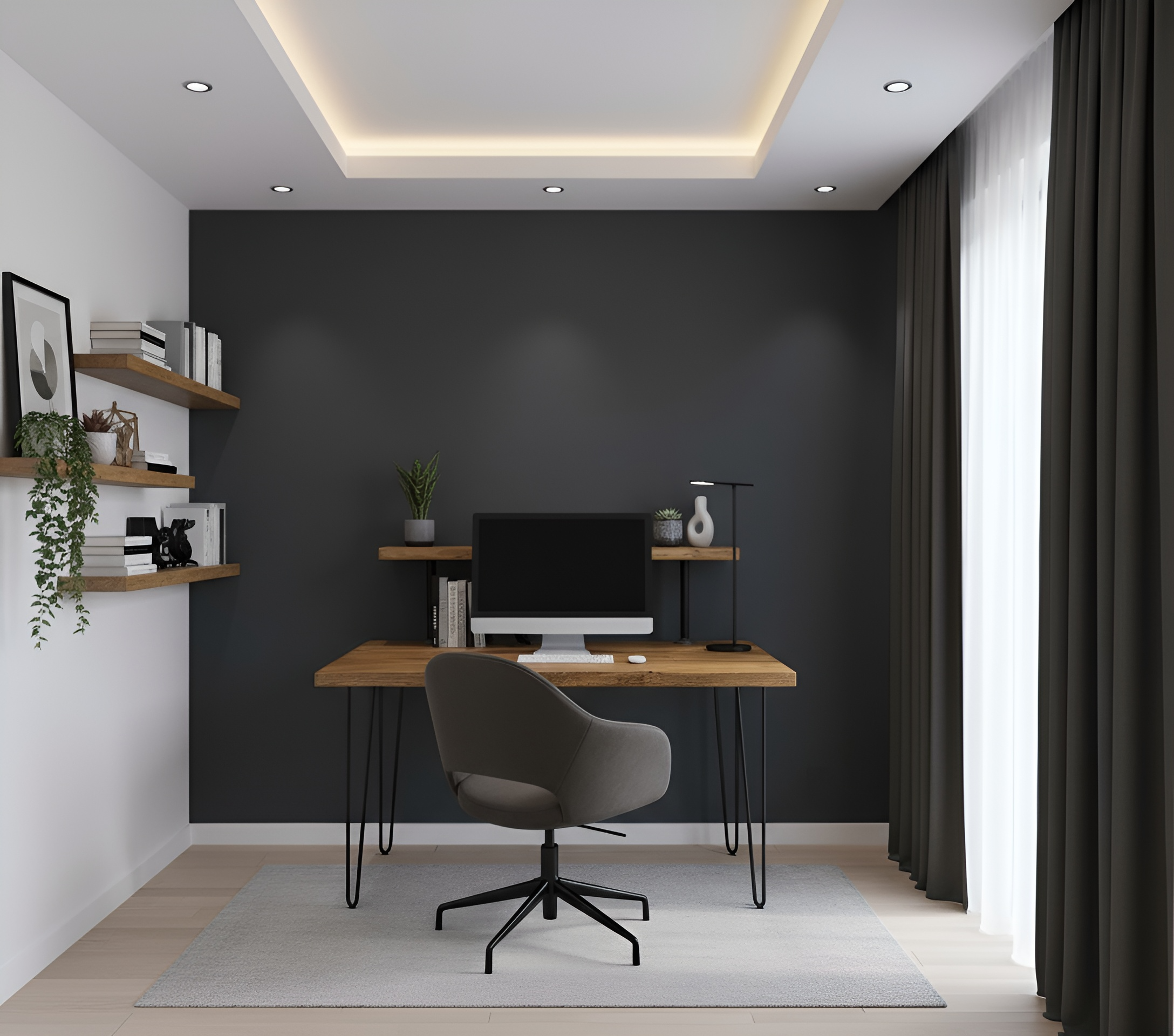 Modern gray office chair with black metal hairpin legs paired with handcrafted wooden study desk with 75cm shelf height and table height