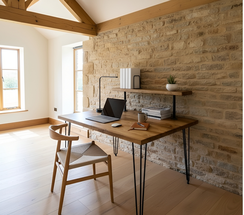 A sleek handcrafted wooden study desk with natural finish black hairpin legs and 75cm shelf height table height