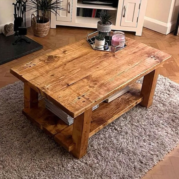 Handmade rustic wooden coffee table with warm natural finish and visible grain patterns for sustainable luxury furniture care