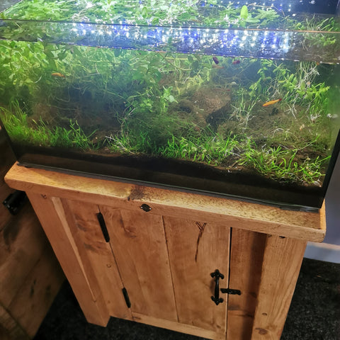 Rectangular handmade fish tank with lush green plants and orange fish lit by blue led lights on custom stand