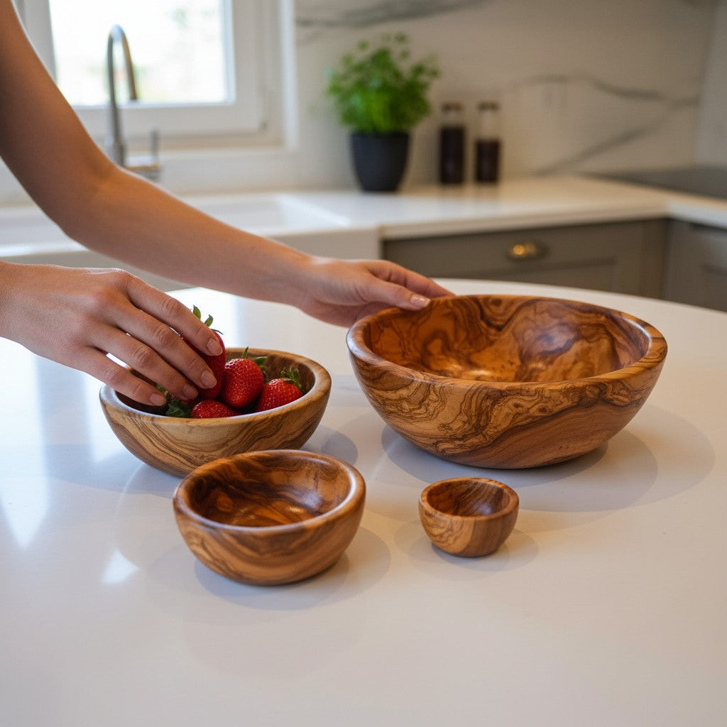 Set of four handmade olive wood bowls with silky polished interior and natural swirling grain in warm brown tones