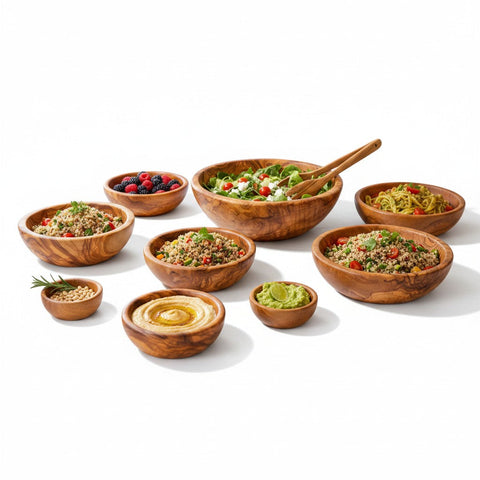 Set of handmade olive wood bowls with silky polished interior holding colorful salads and dips in rustic style