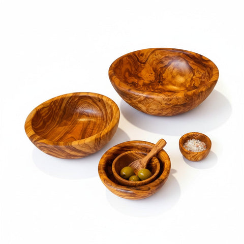 Handmade olive wood bowl with silky polished interior and rich swirling grain perfect for salad or fruit serving