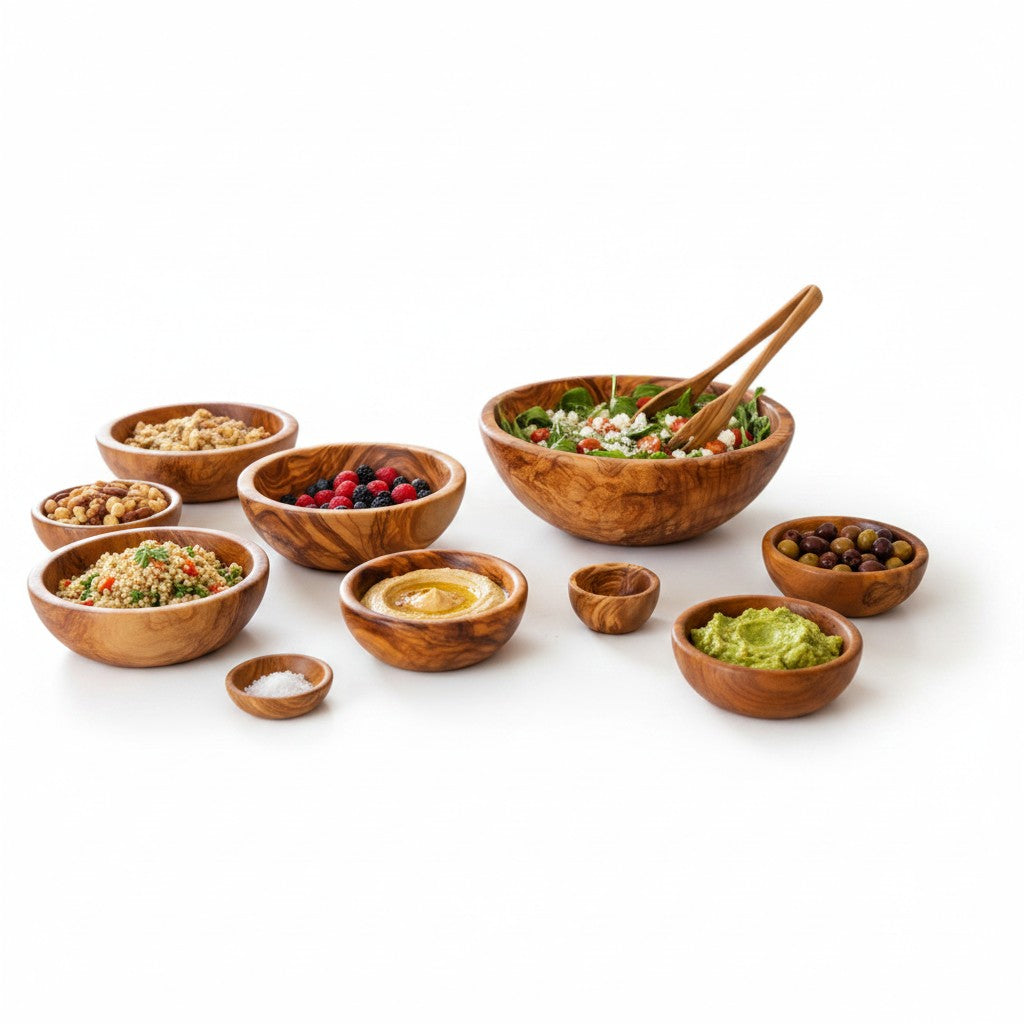 Set of handmade olive wood bowls with silky polished interior and beautiful swirling grain holding salad hummus and olives