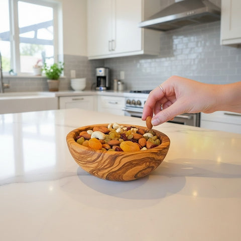 Rustic olive wood bowl with silky polished interior filled with colorful nuts and dried fruits for serving