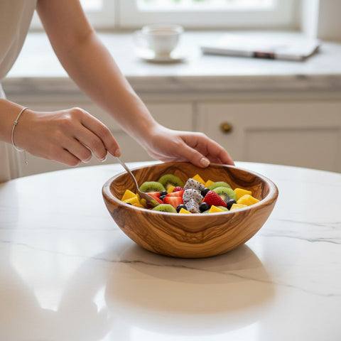 Handmade olive wood bowl with a silky polished interior and beautiful swirling natural grain in warm brown finish