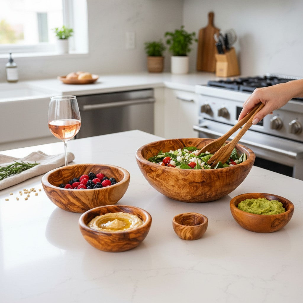 Set of handmade olive wood salad bowls with silky polished interior and warm brown tones for serving salads and dips
