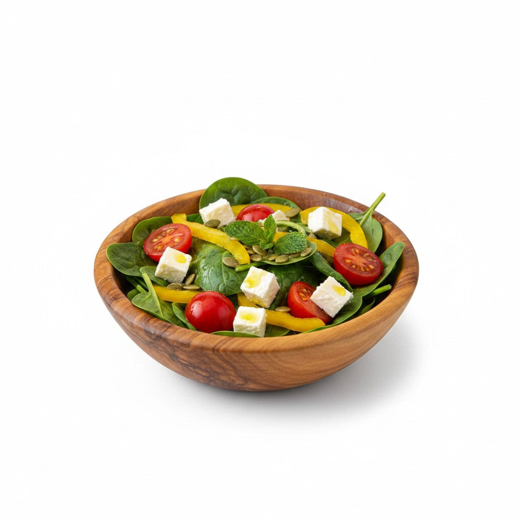 A handmade olive wood bowl with silky polished interior filled with fresh spinach salad and cherry tomatoes