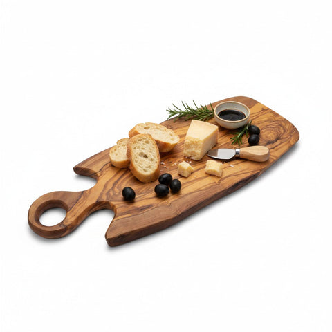 Handmade olive wood freeform serving board with natural finish and round loop handle perfect for cheese and charcuterie