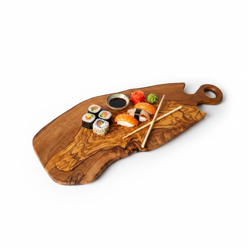 Handmade olive wood serving board with natural grain and round loop handle perfect for cheese and charcuterie