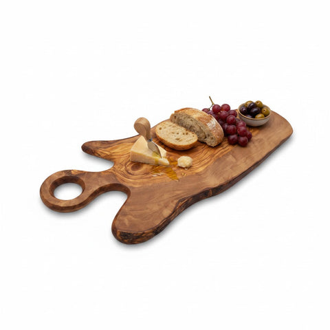 Handmade olive wood serving board with live edge and round loop handle perfect for cheese and charcuterie